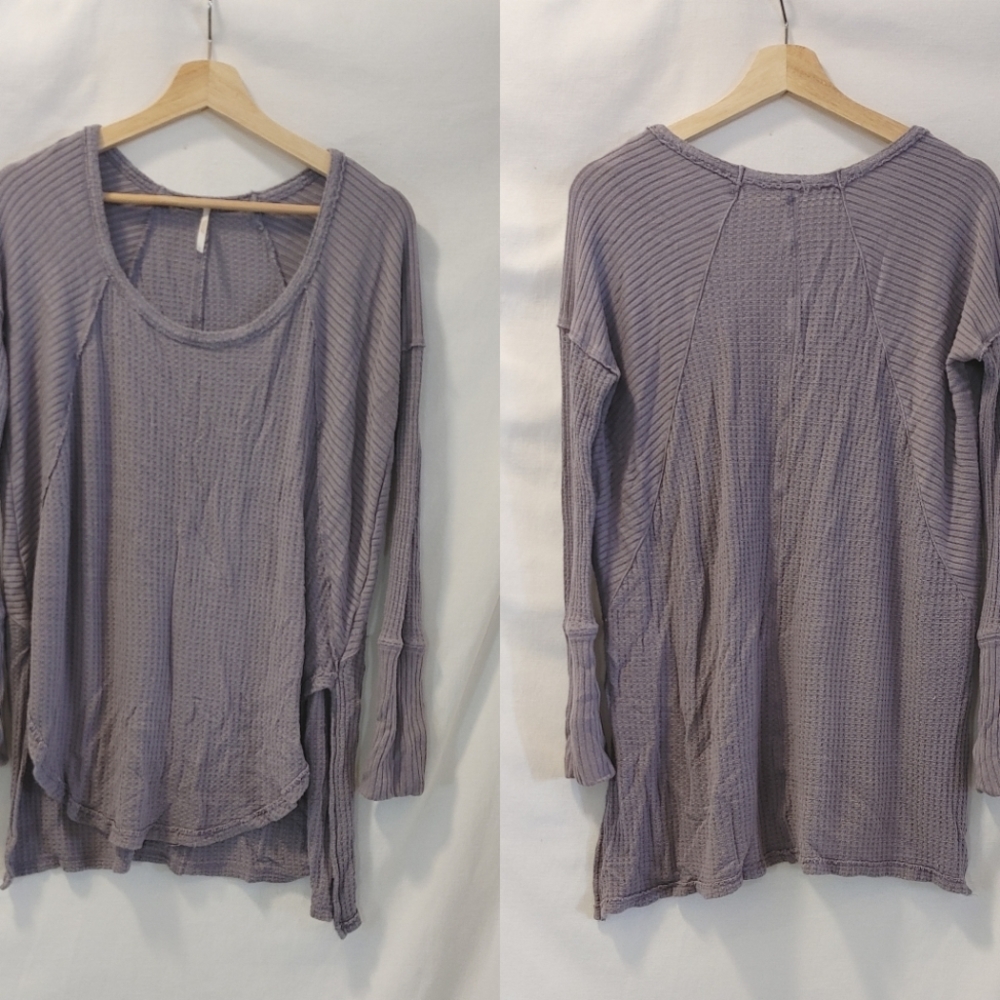 Free People Waffle Knit Thermal Vneck Purple S Ribbed Long Sleeve Shirt‎